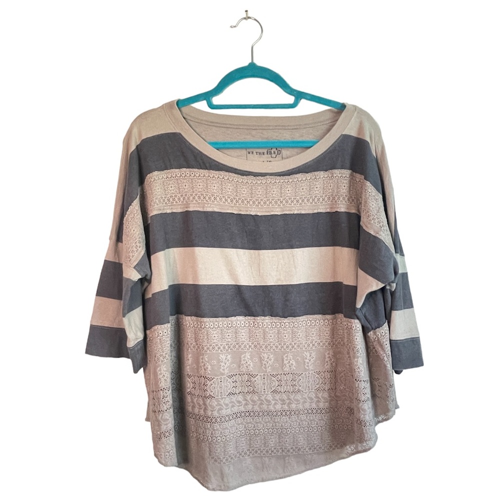 Free People Striped Lace Dolman 3/4 Sleeve Boxy Casual Top Pullover Size Large